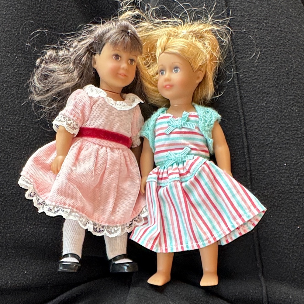 Mini American Girl Dolls with Pink and Striped Dresses